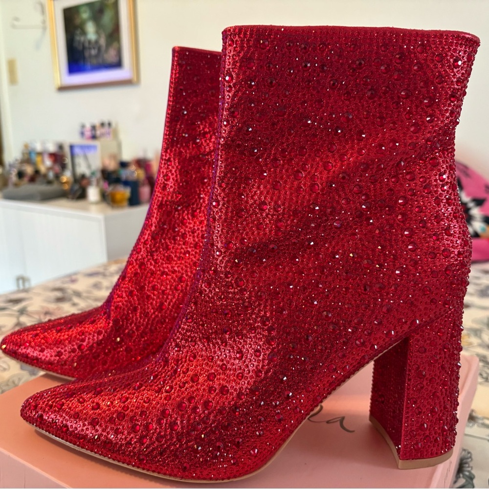 Red BLING Rhinestone Ankle Boots